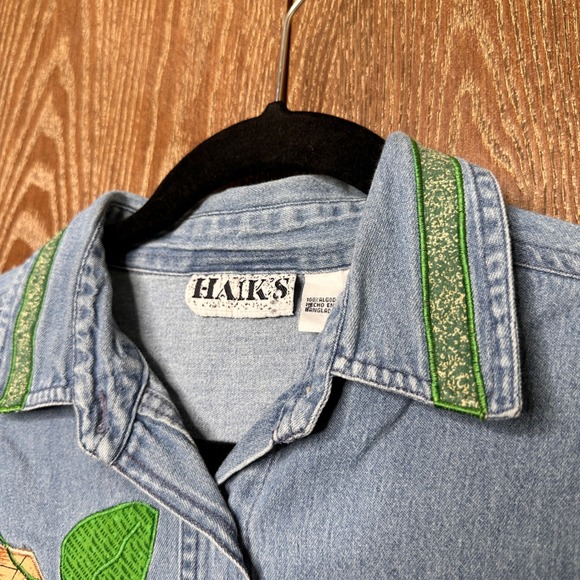 Vtg 80 Denim Embroidered Patch Women Shirt Birdhouse Sunflower Butterfly Relaxed - Picture 4 of 8